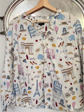 Talbots Petite Cream Button-Front Top with Multicolor Paris Print